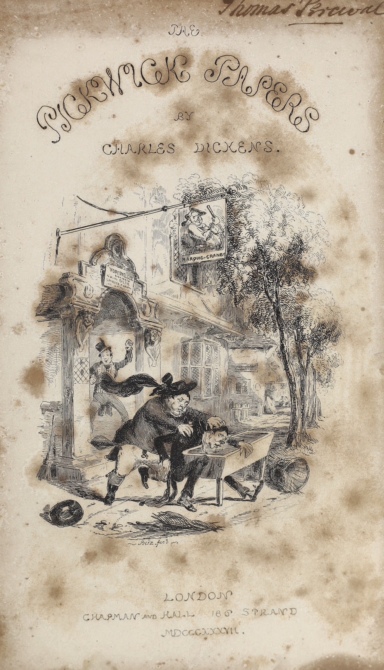 Dickens, Charles - The Posthumous Papers of the Pickwick Club. ‘’Pickwick Papers’’, 1st edition in book form, with mixed 1st state points, 8vo, half calf with cloth boards, illustrated by Seymour and Halbot K. Browne (‘’